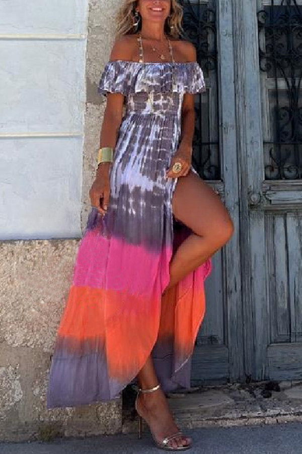 Pacey Tie Dye Print Off Shoulder Ruffle Slit Maxi Dress