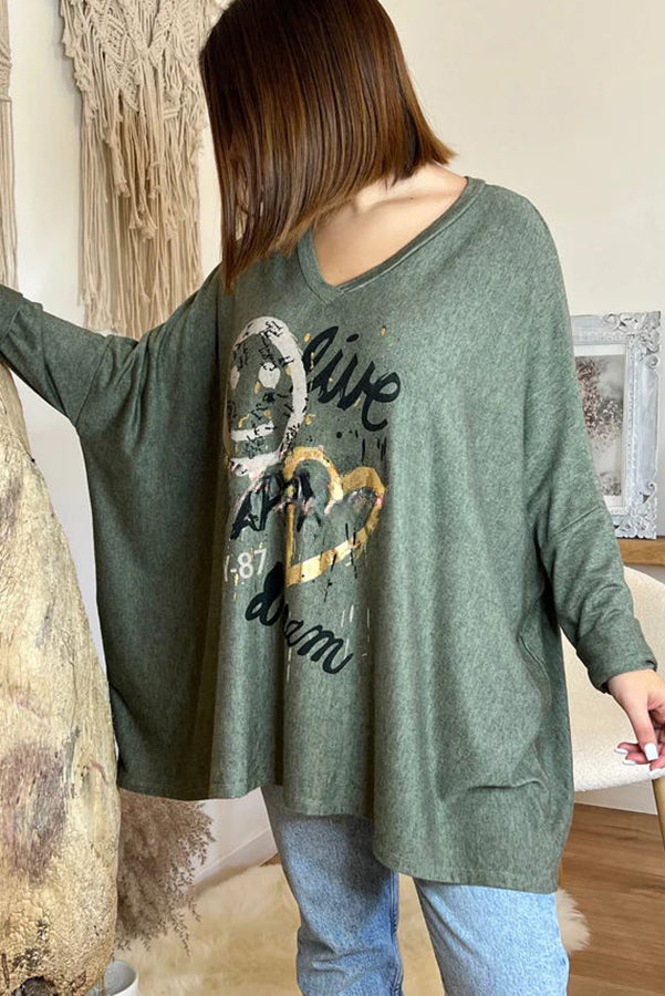 Live Happy Dream Printed Dolman Sleeve Loose Sweatshirt