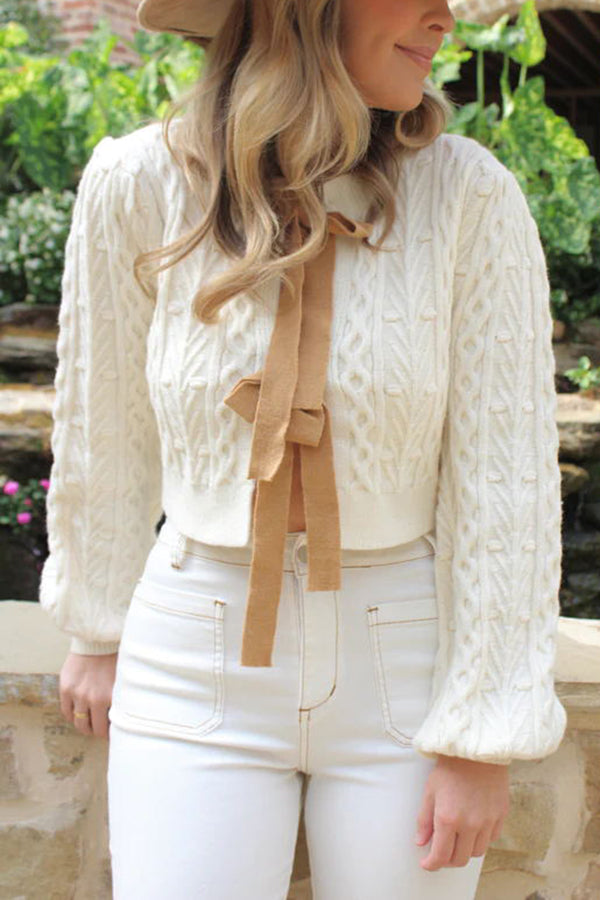 Cute and Warm Knit Cable Bow Detail Crop Sweater