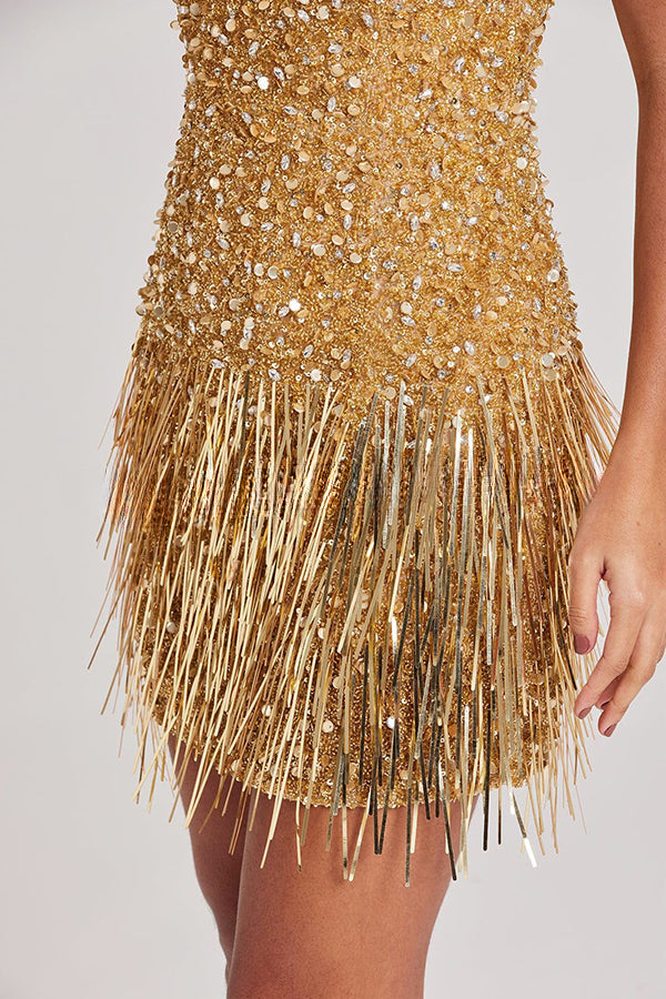 Sparkle City V Neck Strappy Fringed Sequin Mini Dress