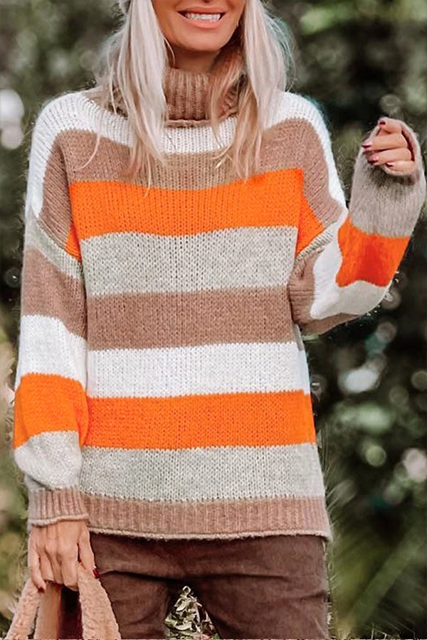 Multicolor Striped Knitted Drop Shoulder Turtleneck Sweater