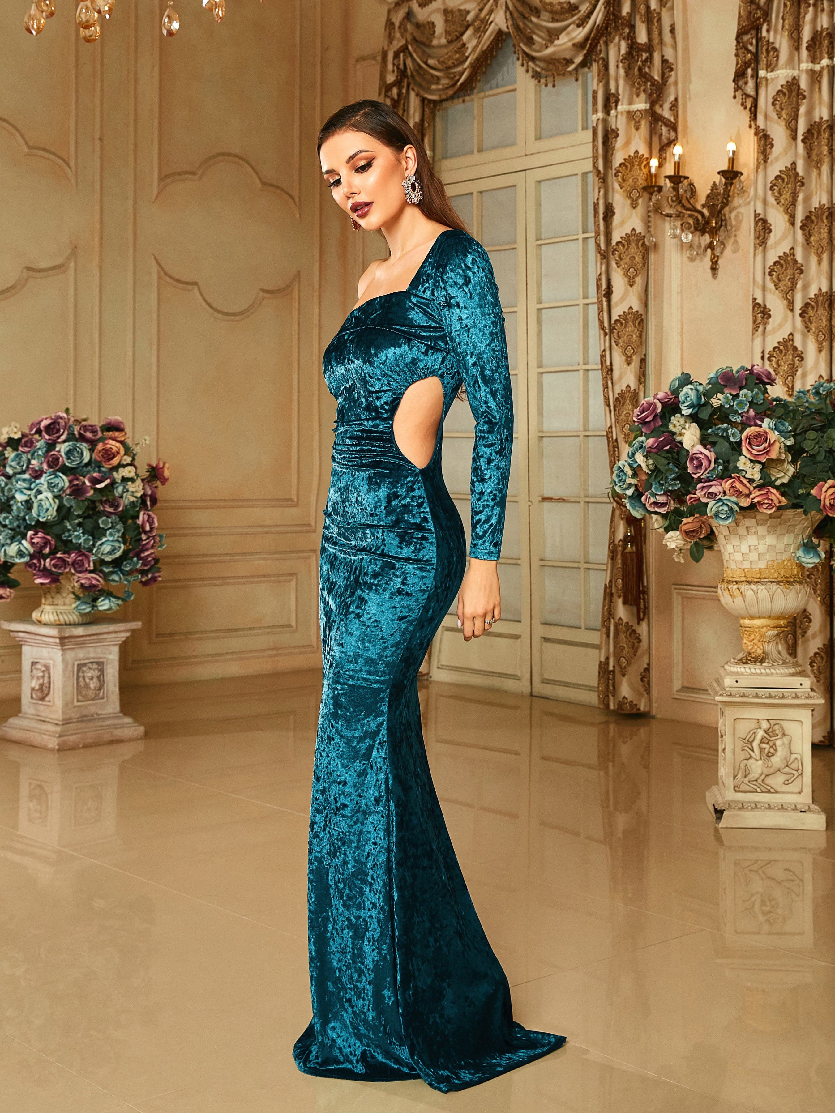 One Shoulder Velvet Cutout Mermaid Green Evening Dress RA60102