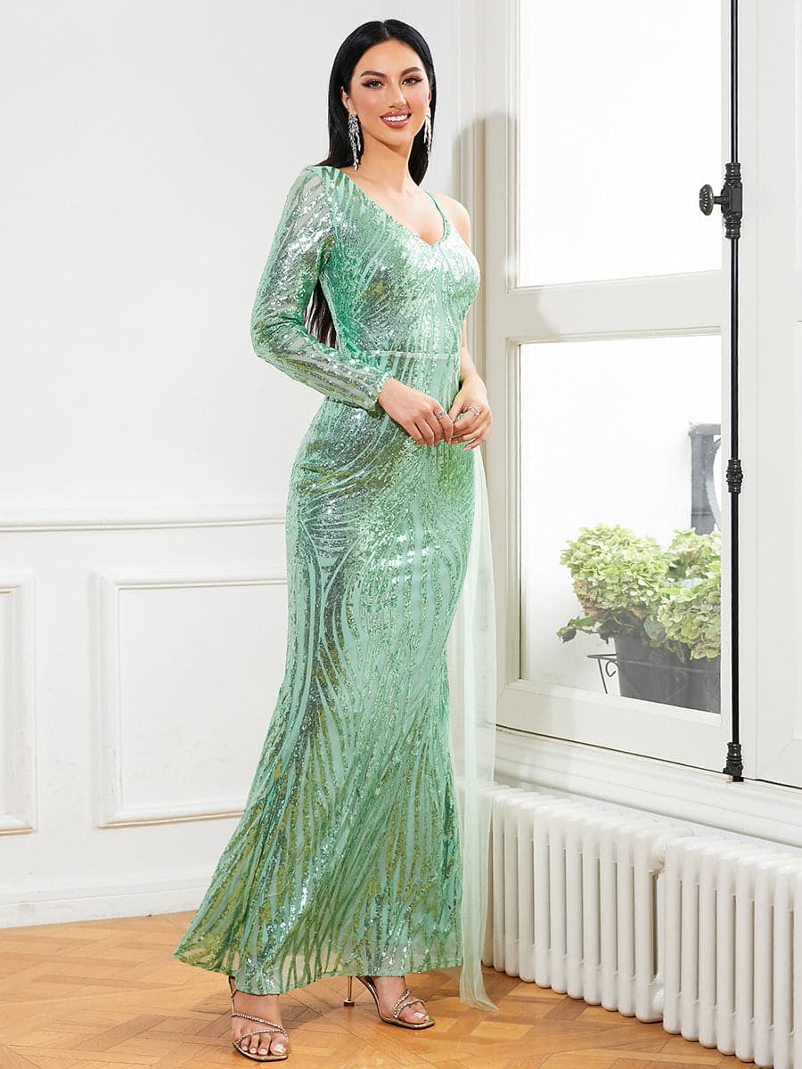 One Shoulder Sequins Draped Green Evening Dress XJ2306