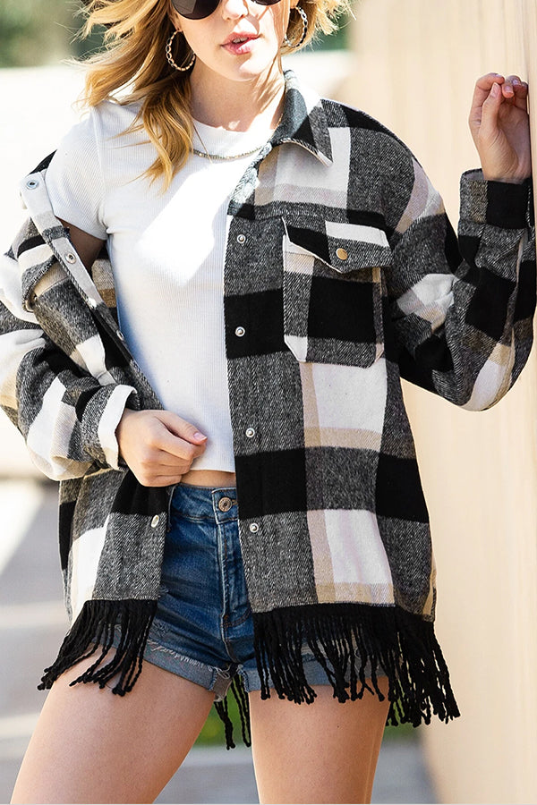 Plaid Snap Button Pocket Fringed Hem Shacket