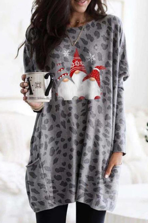 Long Sleeve Pocket Leopard Christmas Print Mini Dress