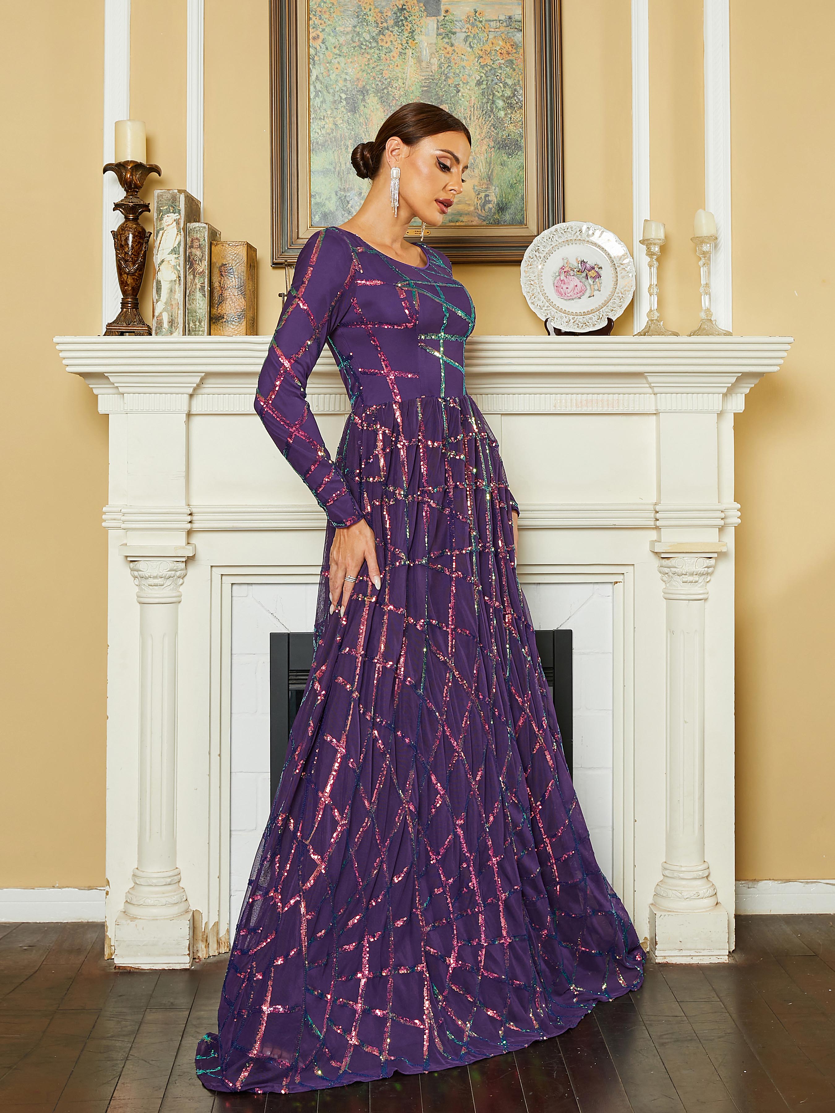 Crew Neck Long Sleeve A-Line Sequin Purple Prom Dress RJ10207