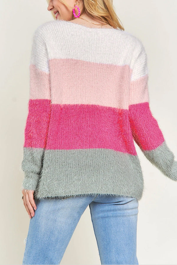 Striped Colorblock V Neck Knitted Fuzzy Sweater