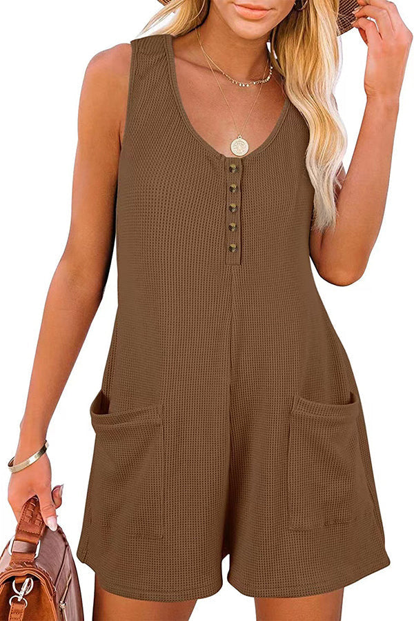 Summer Camping Waffle Fabric Button Up Pocketed Loose Romper