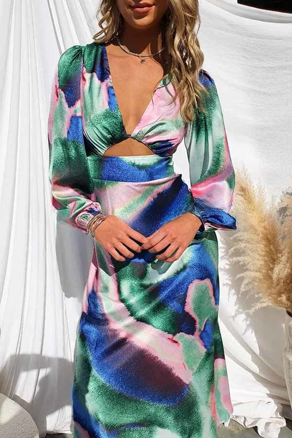 Own The Evening Satin Neon Print Cutout Midi Dress