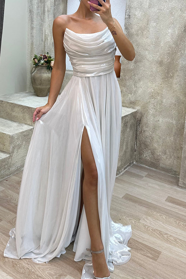 Golden Years Satin Cowl Neck Off Shoulder Pleated Drape Slit Maxi Dress