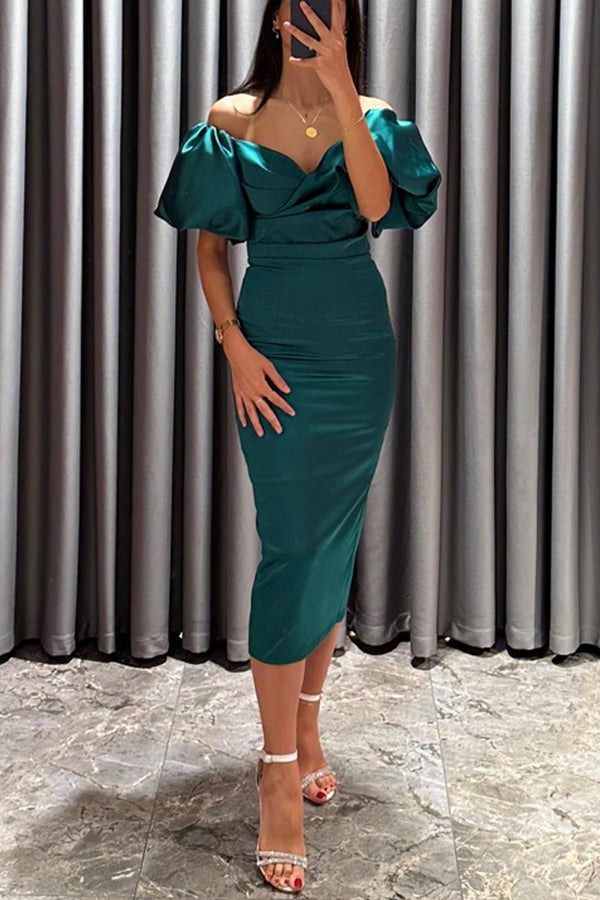 Talk Sweetly Satin Puff Sleeve Ruched Bust Formal Midi Dress