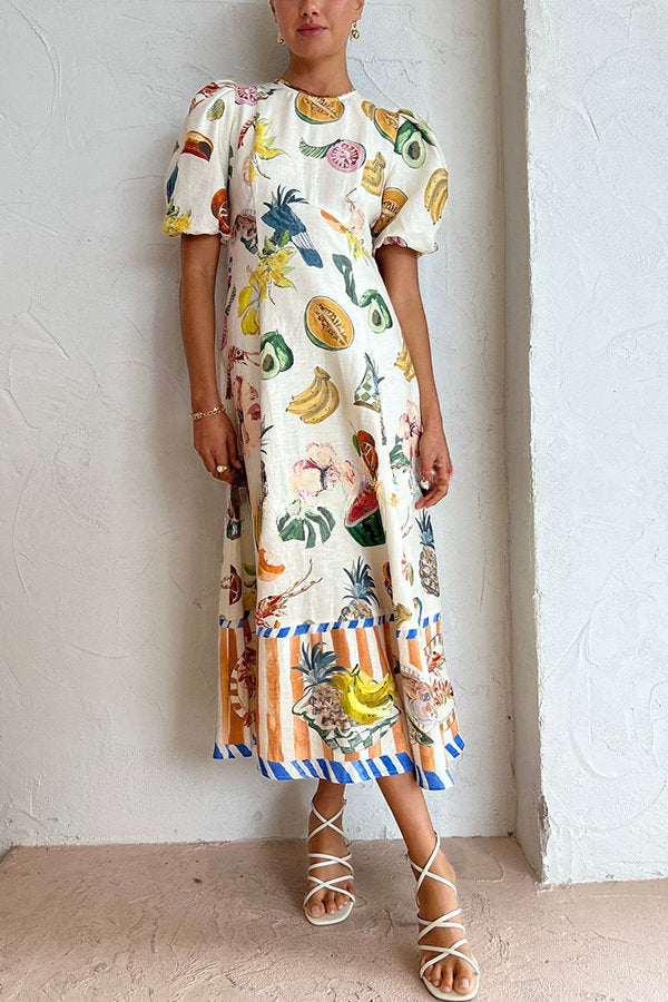 Summer Dream Linen Blend Tropical Fruit Print Puff Sleeve Midi Dress