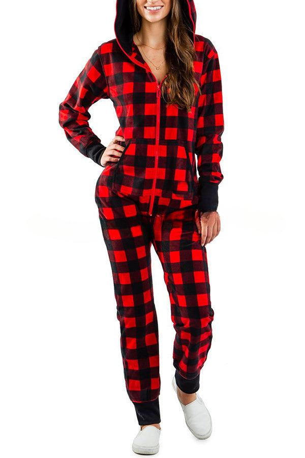 Christmas Print Zipper Pocketed Hooded Loungewear Jumpsuit