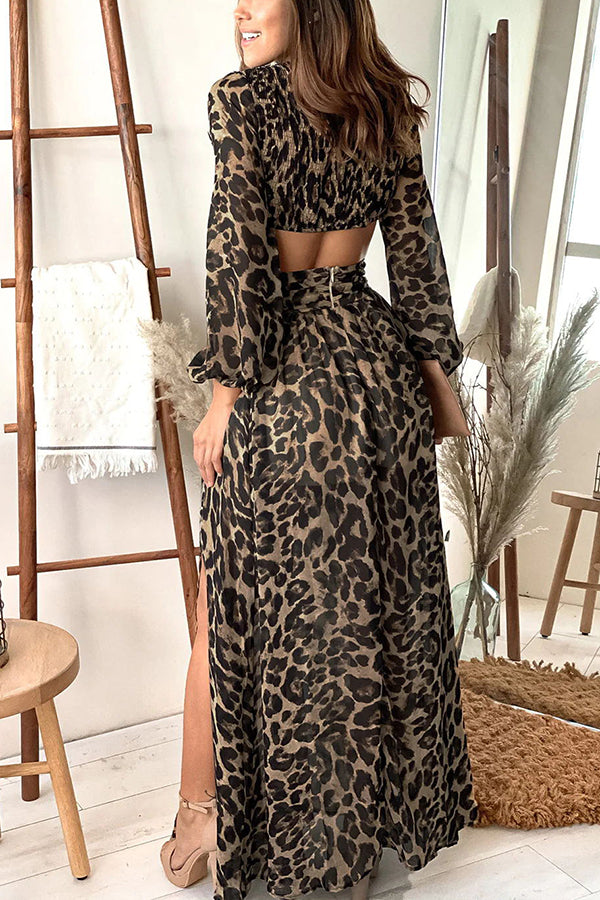 Vallarta Leopard Back Smocked Cutout Waist Maxi Dress