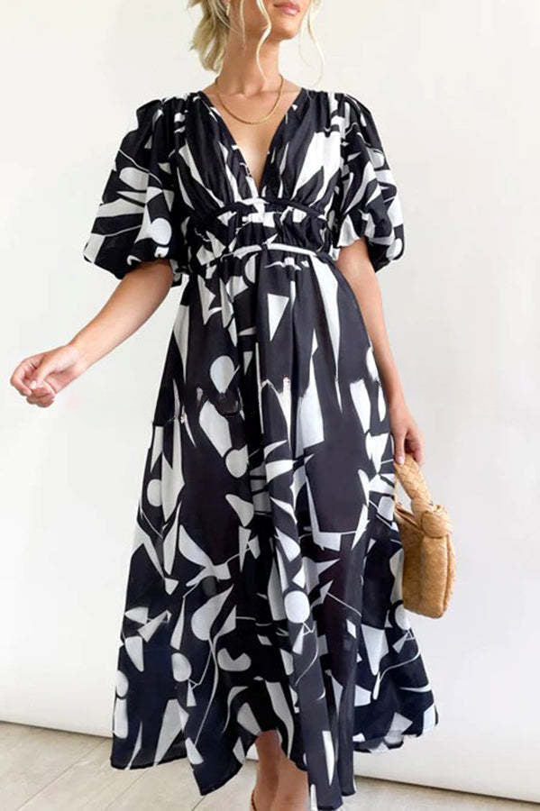 V Neck Multi Print Stretch Waist Hidden Zip Maxi Dress