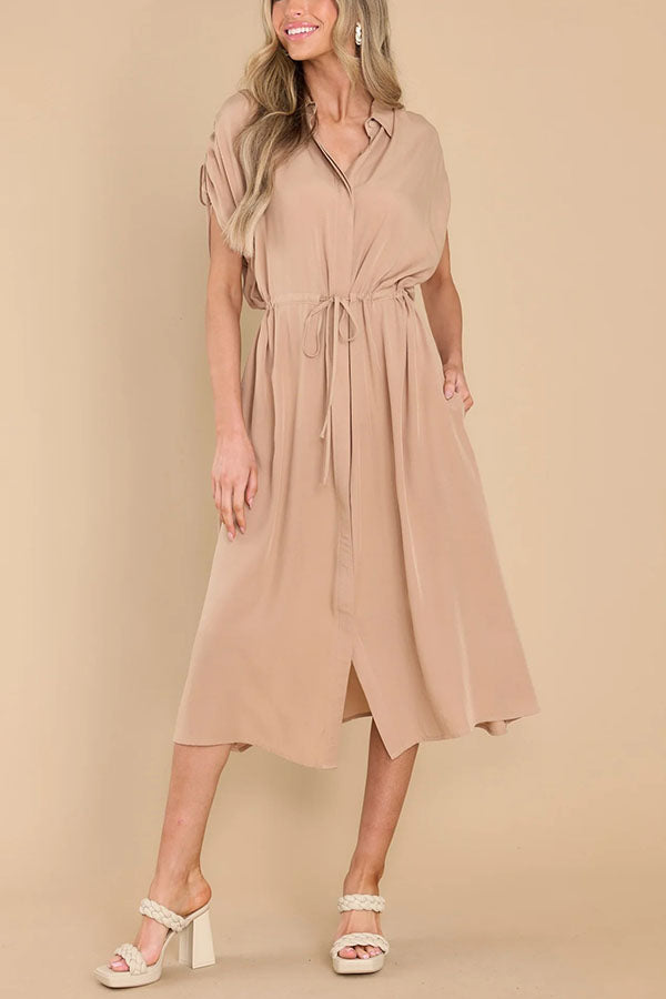 My Favorite Moments Pocketed Ruched Adjustable Waist Midi Dress