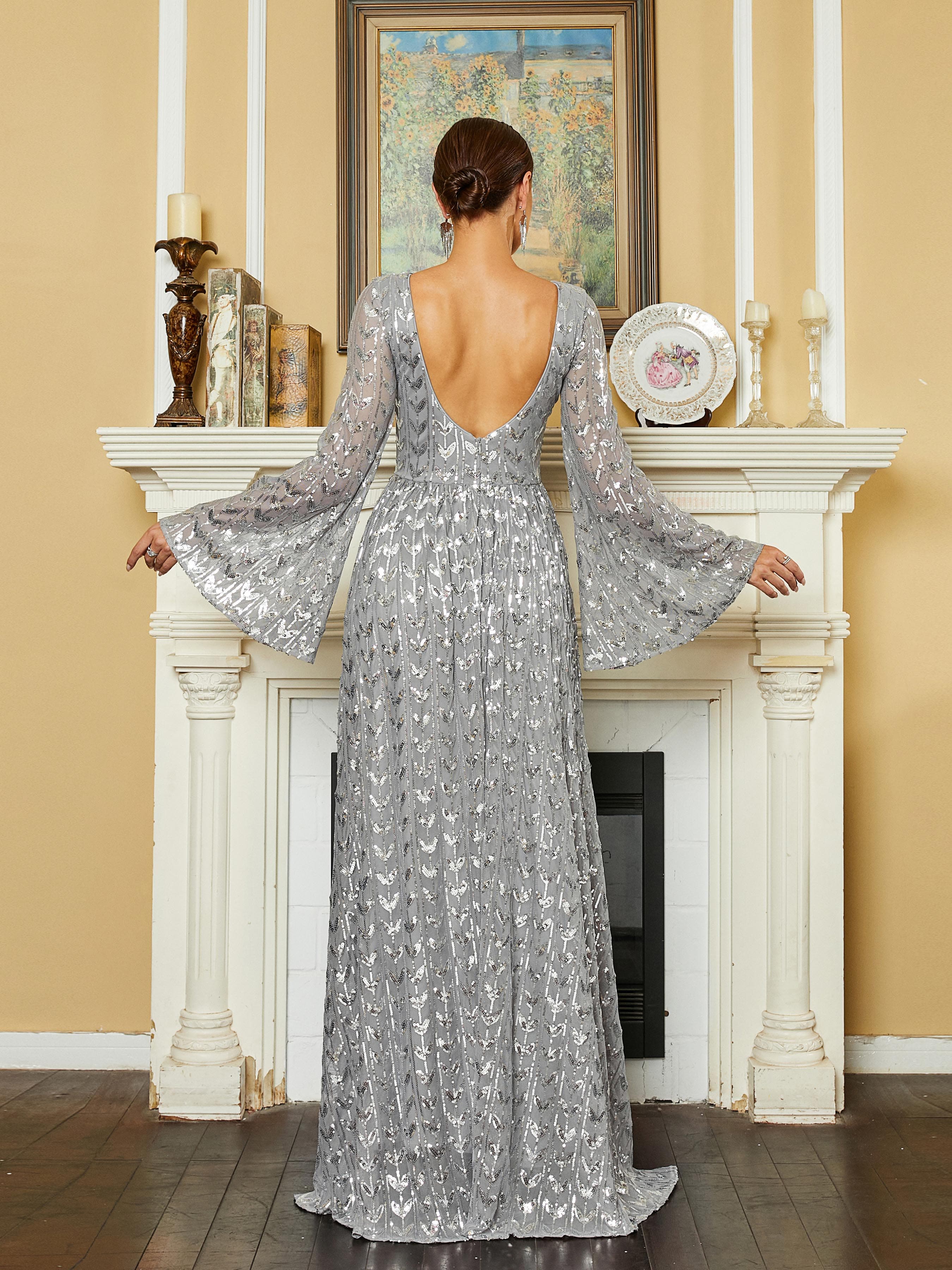 Crew Collar Bell Sleeve Backless Sequin Grey Evening Dress RM20603