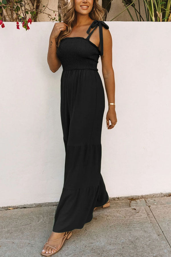 Tie Straps Shirred Casual Tiered Wide Leg Jumpsuit