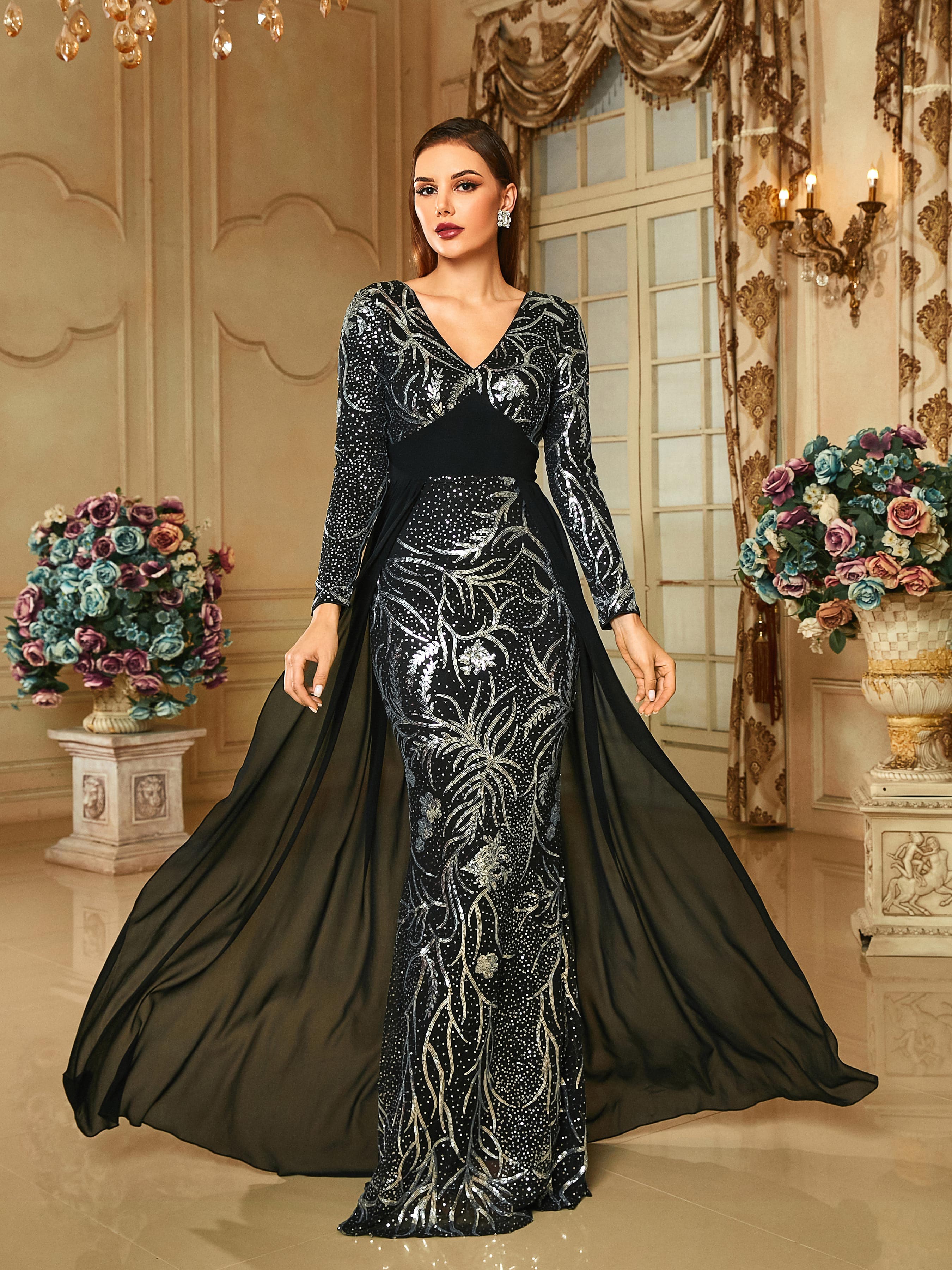 V-Neck Backless Mermaid Cloak Evening Dress RH30689