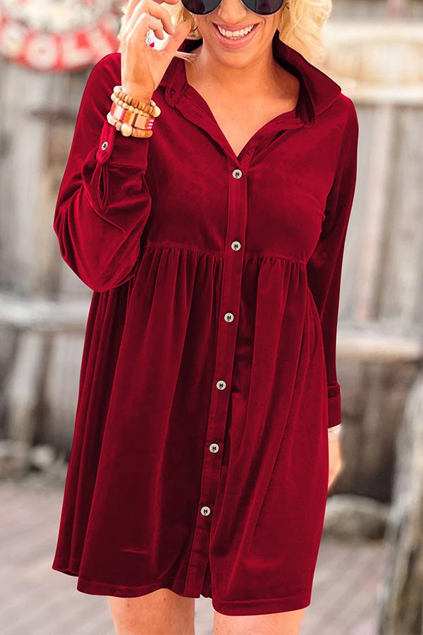 Long Sleeve Ruffle Velvet Button Up Shirt Dress