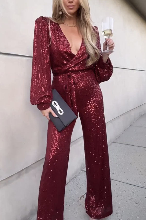 Whole New World Sequin Front Tie Flare Jumpsuit