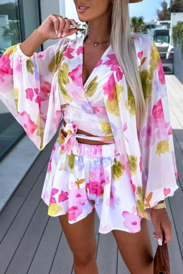 Floral Printed Balloon Sleeve V Neck Shirt Elastic Waist Straight Leg Shorts Set