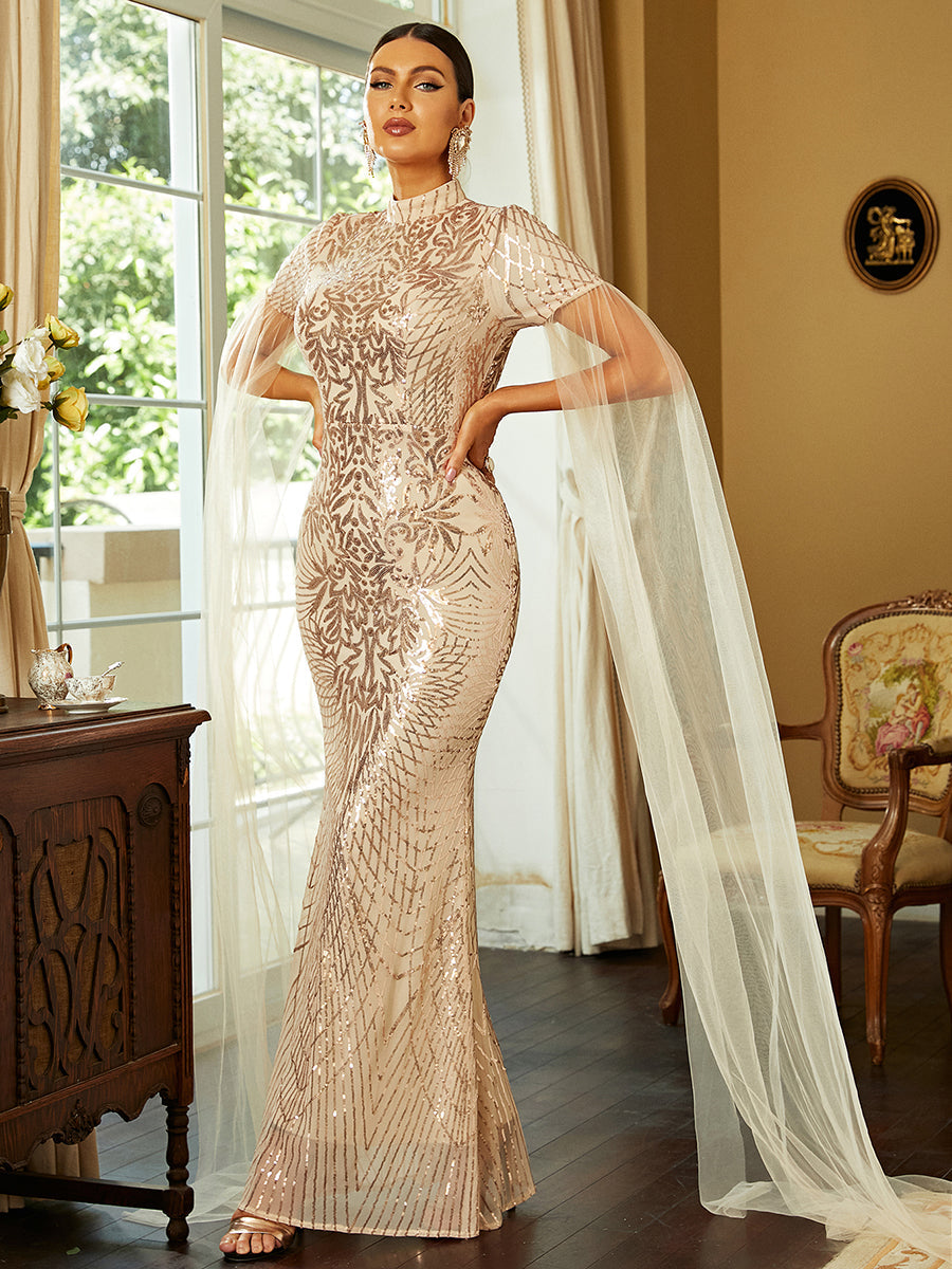 Drape Sleeve Mermaid Sequin Gold Prom Dress XH2241