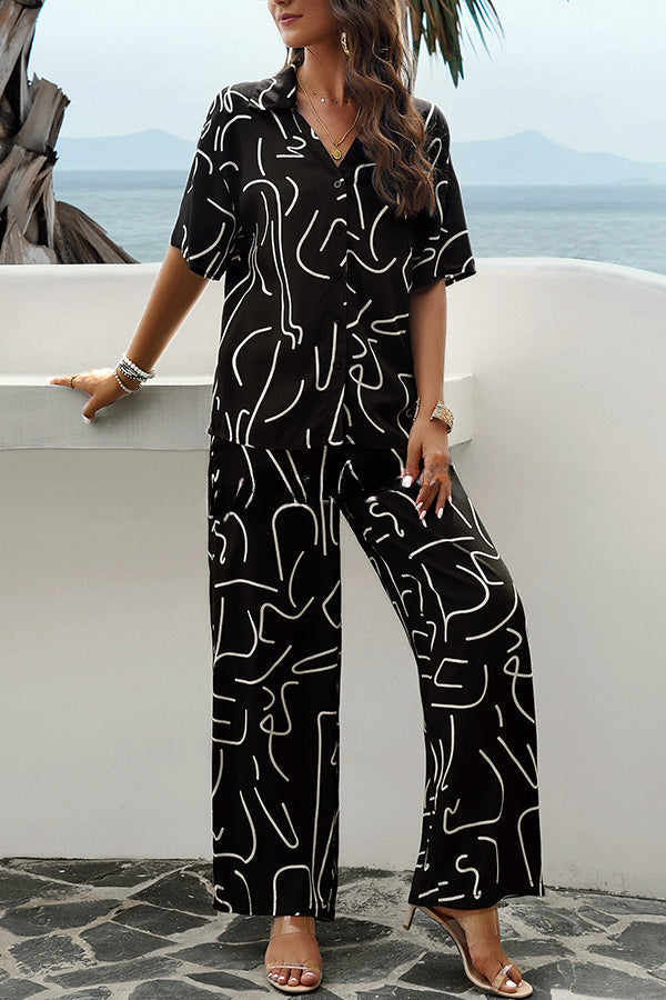 Fun Printed Button Pocket Long Sleeve Shirt and Elastic Waist Pants Set