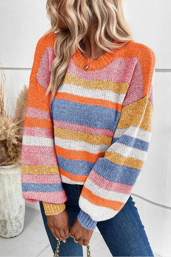 Multicolour Striped Knit Drop Shoulder Lantern Sleeve Sweater