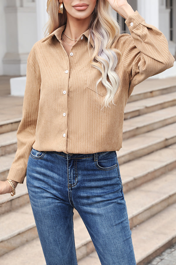 Tiko Miko Corduroy Button Down Long Sleeve Pocket Striped Shirt