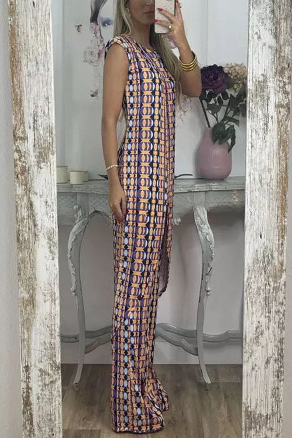 Talk about Charm Printed Front Split Midi Top and Stretch High Waist Flare Pants Set