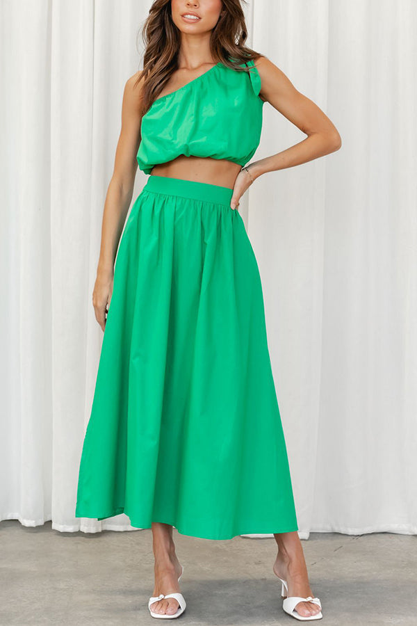 Chasing Sunshine Tie One Shoulder Pocketed Midi Skirt Set