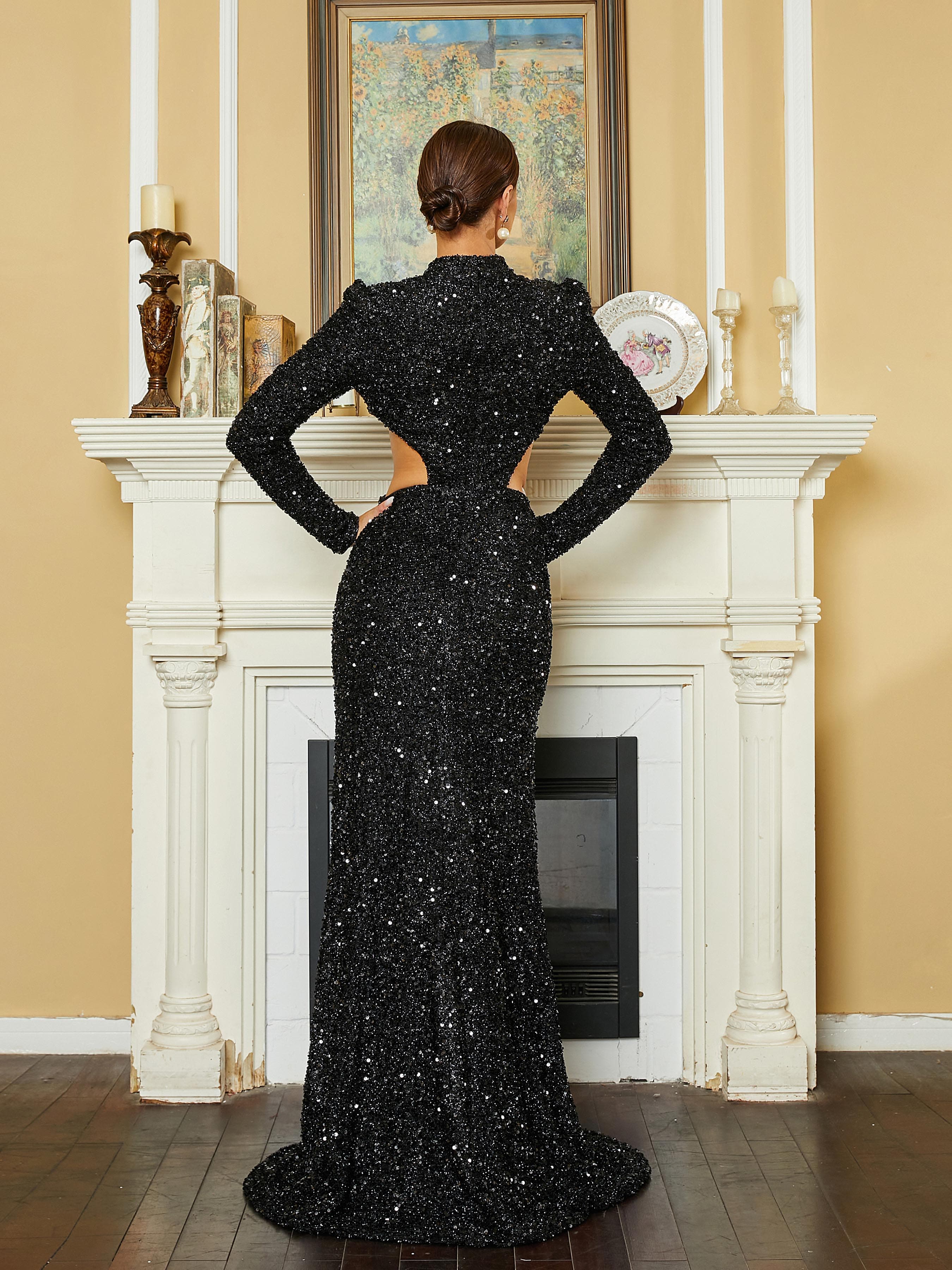 Cutout High Split Sequin Black Evening Dress RM20396