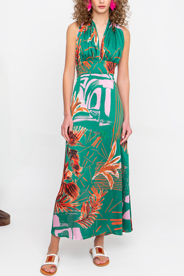 Hidden Paradise Tropical Printed Cross Over Halter Backless Maxi Dress