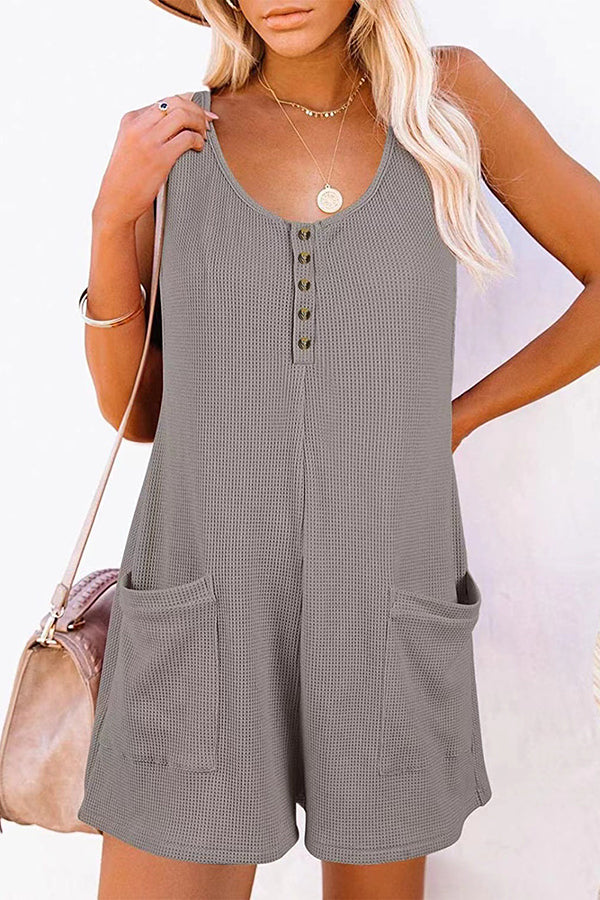 Summer Camping Waffle Fabric Button Up Pocketed Loose Romper