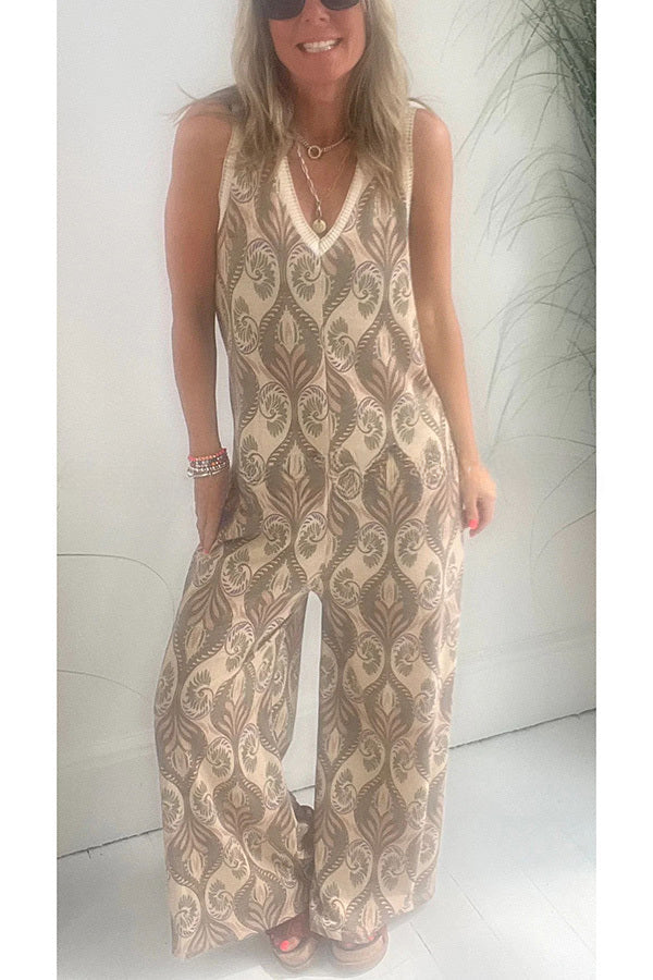 Moroccan Inspired Printed Texture V-neck Loose Jumpsuit