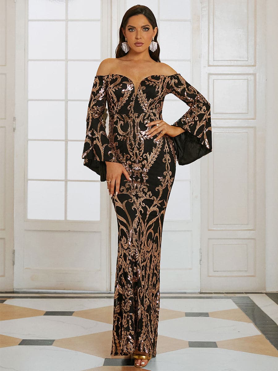 Off-Shoulder Tribal Sequin Prom Maxi Dress WY118