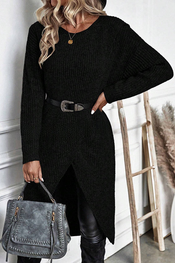 Essence Solid Wrap Hem Knitted Long Sleeve Midi Sweater