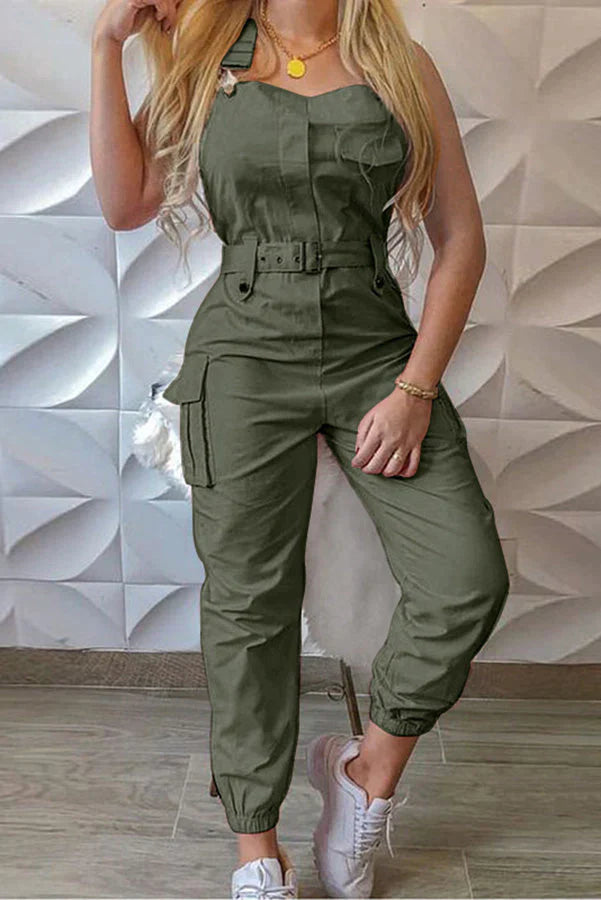 Nastia Pocket Buckle Design Cargo Suspender Jumpsuit