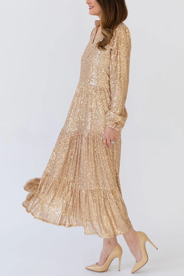 Shimmer and Shine Sequin Pocketed Tiered Party Holiday Midi Dress