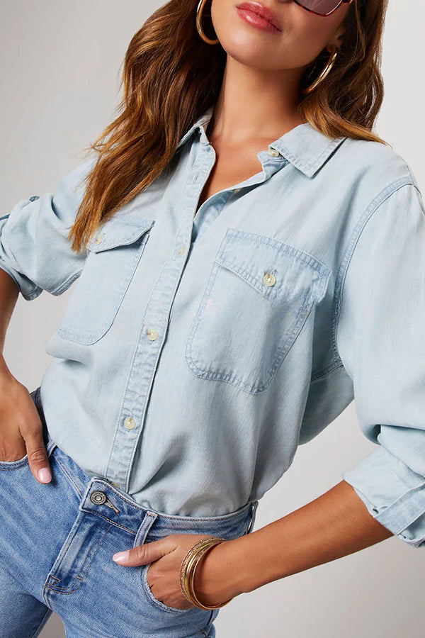 Krissy Denim Pocketed Button Down Relaxed Blouse