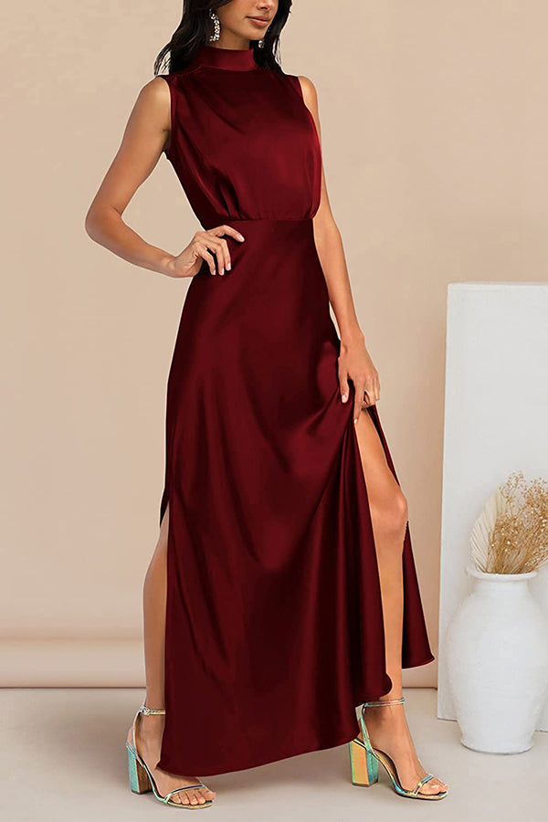 The Story of Us Satin High Neck Slit Maxi Dress