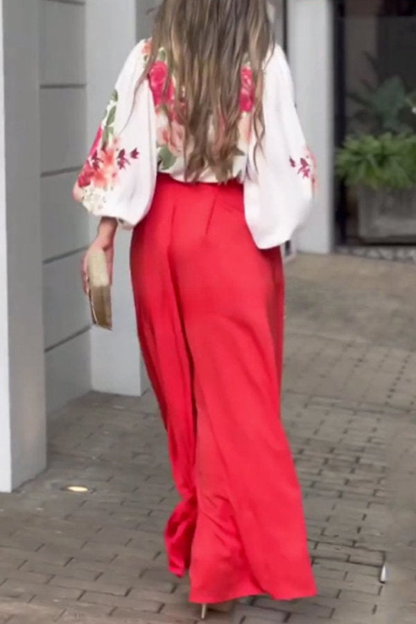 Pure Sweetness Floral Puff Sleeve Blouse and Pocketed Wide Leg Pants Set