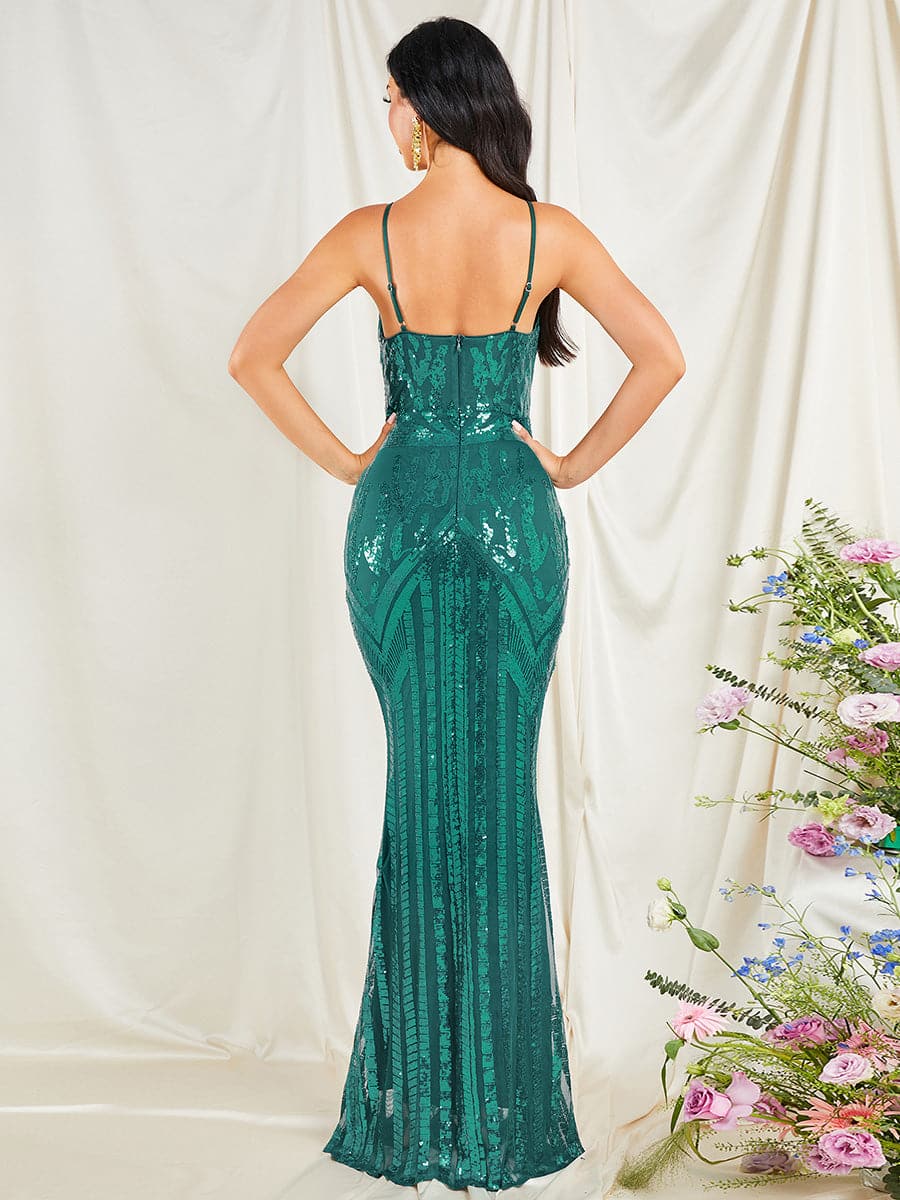 Spaghetti Strap V Neck Cutout Green Evening Dress RM20078