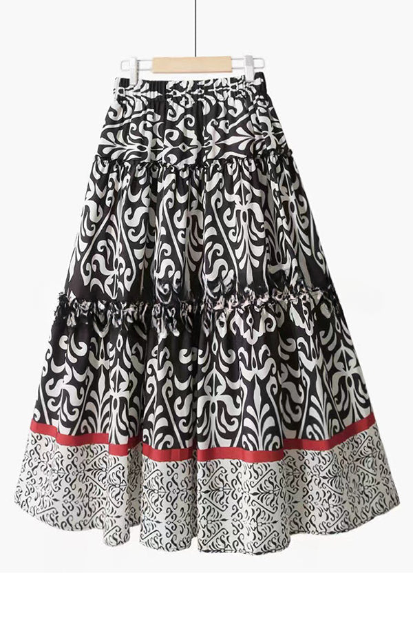 Rosine Ethnic Print Elastic Waist Tiered Midi Skirt