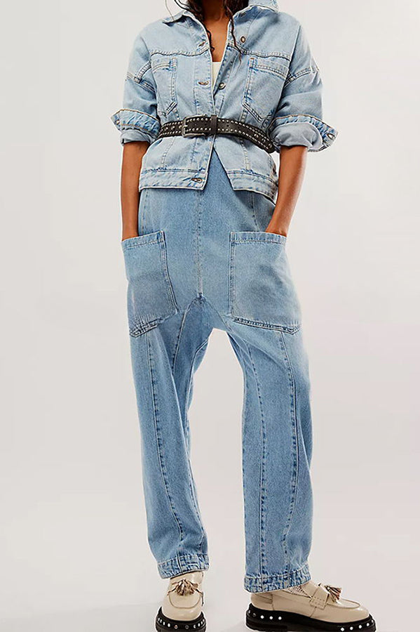 Pocket V Neck Suspender Denim Jumpsuit