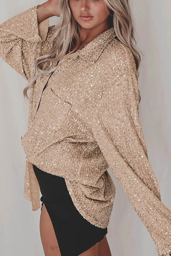 Solid color button-down long-sleeve sequined cardigan