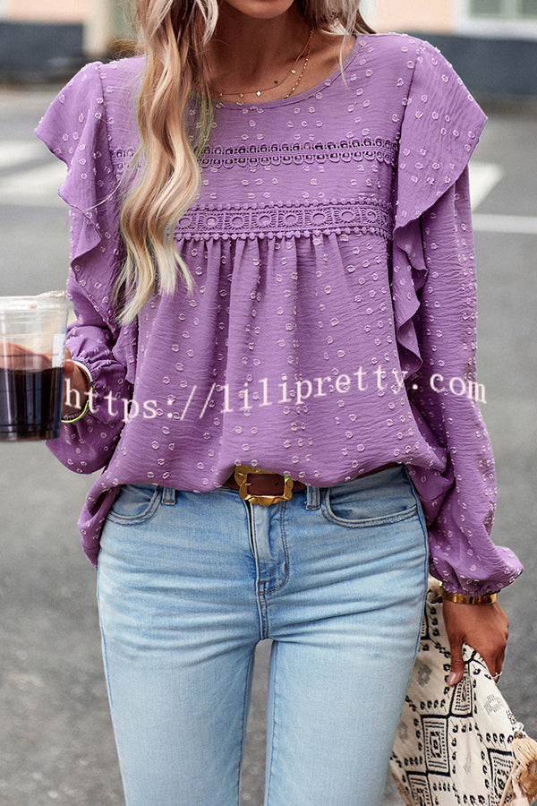 Textured Lace Fabric Ruffle Long Sleeve Blouse