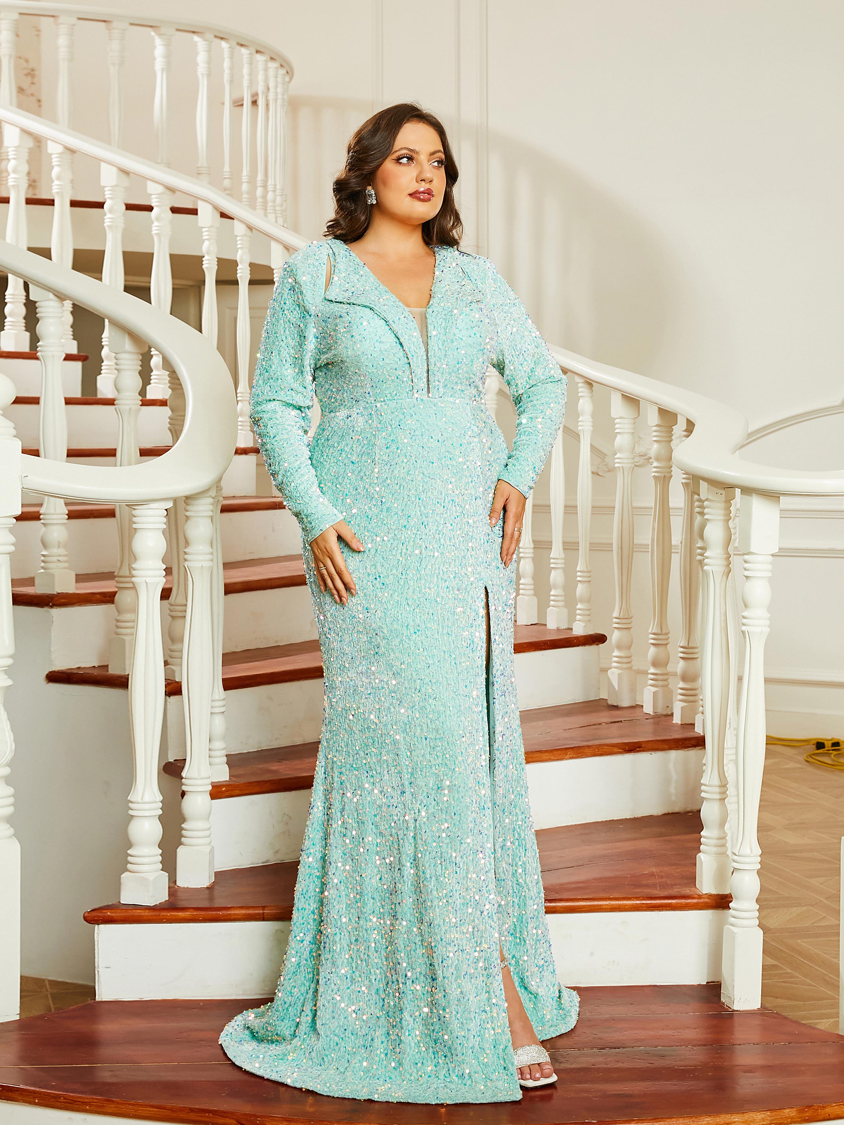 Plus Size V-Neck Cutout Split Mermaid Long Sleeve Prom Dress PRH30670