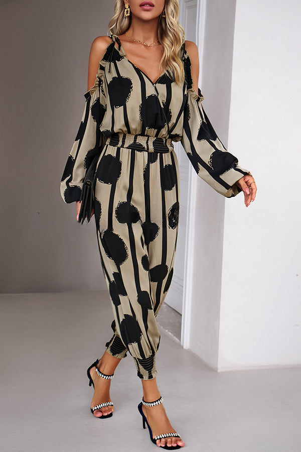 Graphic Print Stretch Waist Tie Long Sleeve Jumpsuit